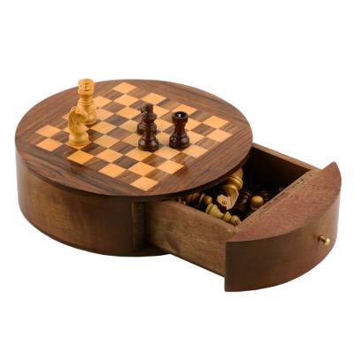 6" Round Wood Chess Set with Storage