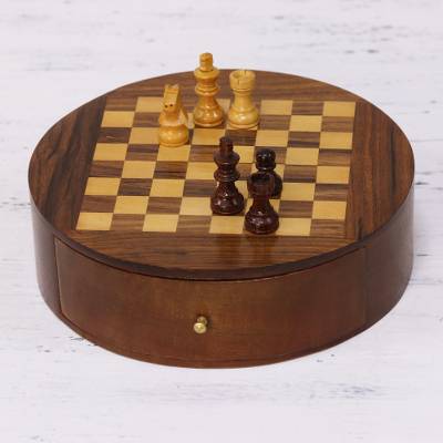 6" Round Wood Chess Set with Storage