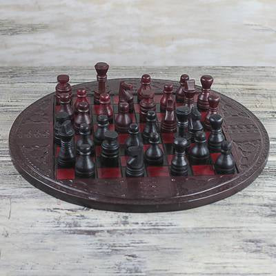 Leather Chess Set in Burgundy and Black from Ghana, 