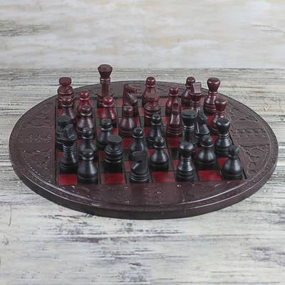 Leather Chess Set in Burgundy and Black from Ghana, "Burgundy Battle"