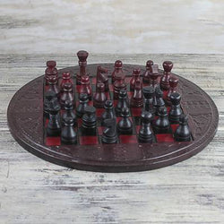 Leather Chess Set in Burgundy and Black from Ghana, "Burgundy Battle"