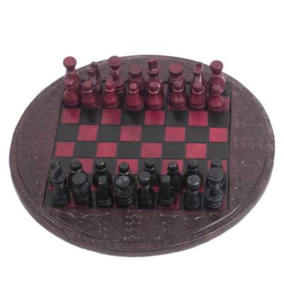Leather Chess Set in Burgundy and Black from Ghana, 