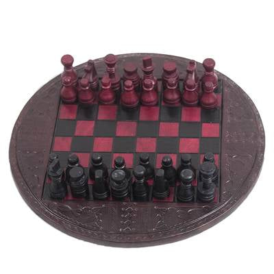 Leather Chess Set in Burgundy and Black from Ghana, "Burgundy Battle"