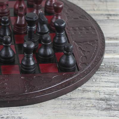 Leather Chess Set in Burgundy and Black from Ghana, 