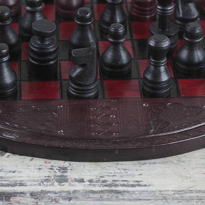 Leather Chess Set in Burgundy and Black from Ghana, 