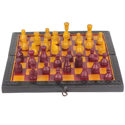 Red and Yellow Leather Travel Chess Set - Hand made in Ghana
