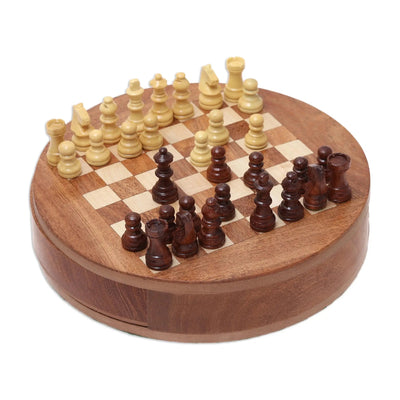 Handcrafted Mini Circular Acacia and Kadam Wood Chess Set