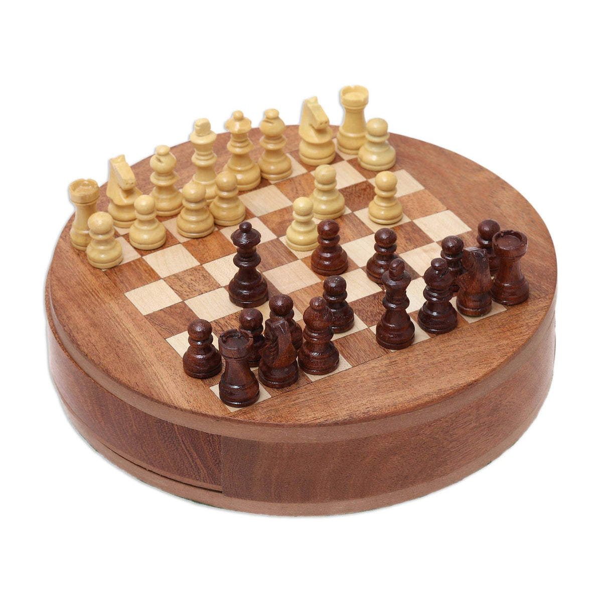 Handcrafted Round Acacia and Kadam Mini Wood Chess Set