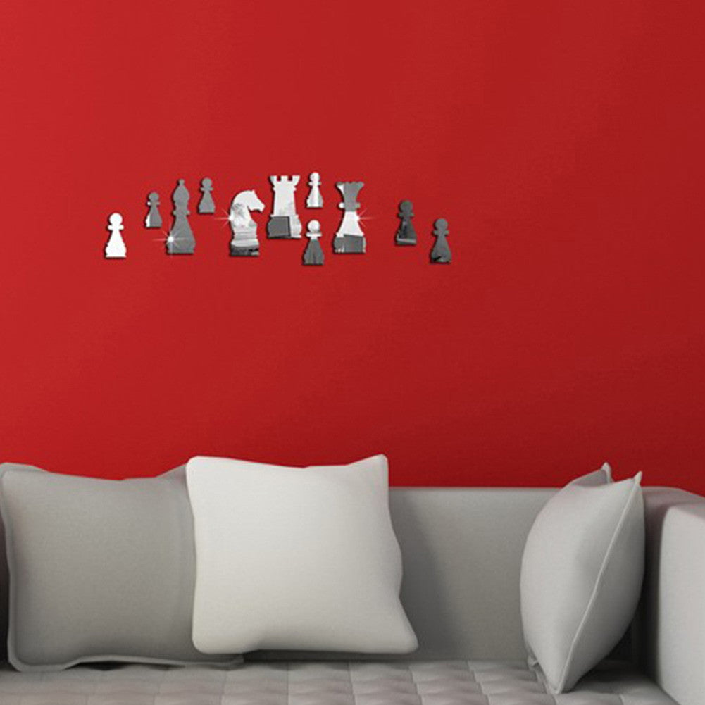 Playful Artistic Wall Decor with Mirror Wall Decal Silver - 11 Chess Pieces