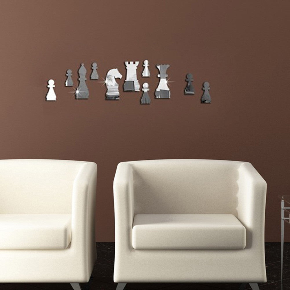 Playful Artistic Wall Decor with Mirror Wall Decal Silver - 11 Chess Pieces