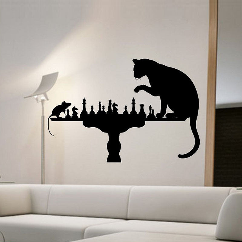 Cat Playing Chess With Mouse Wall Stickers Home Decor Vinyl Removable Creative Wall Decals Animals