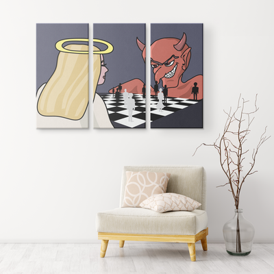 God vs Devil people chess - 3 piece canvas wall art
